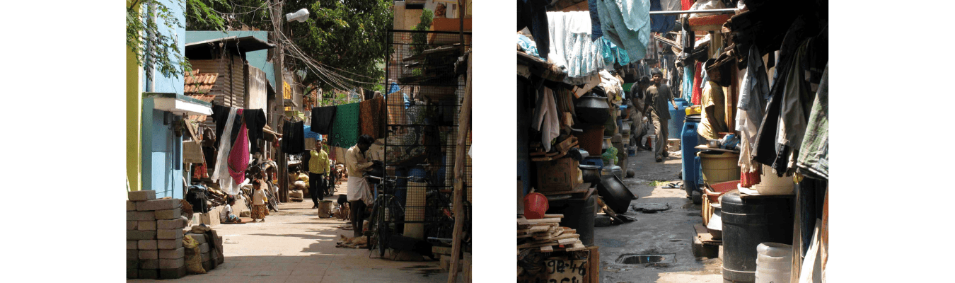 The photo on the left shows a settlement with relatively wide streets between homes that afford play opportunities for children. The photo on the right is a street in a very dense settlement. The streets have shrunk over time and space is highly contested © Anupama Nallari
