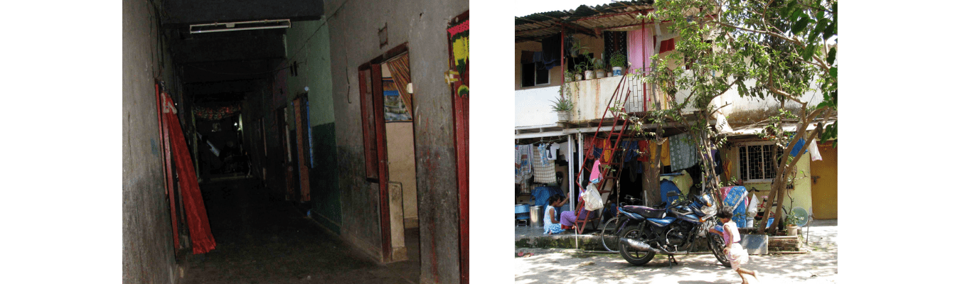 The photo on the left shows a multistorey redeveloped settlement with poorly lit internal corridors. The photo on the right shows low-rise redeveloped housing with more vibrant and useful space outside homes © Anupama Nallari