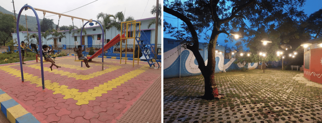 A play space (left) and well-lit, paved and improved internal streets were created through slum upgrading via the Jaga Mission in Odisha © Jaga Mission
