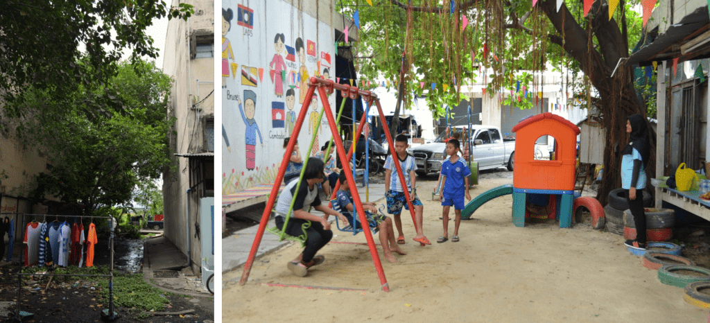 In the heart of a marginalised Burmese migrant community, a community-built playground has been made by reclaiming a swampy leftover space in Bangkok, Thailand © Sudeshna Chatterjee/APC project, IPA